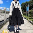 Ruffled Blouse / Bow Tie / Midi Jumper Skirt / Set