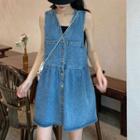 Sleeveless Denim Mini A-line Dress / Plain Camisole Top