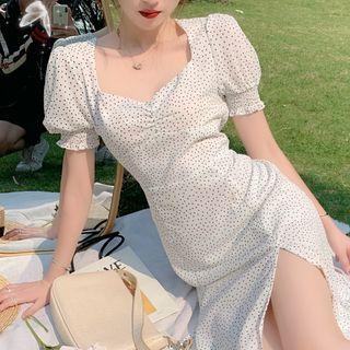 Puff-sleeve Dotted Midi Slit A-line Dress / Cardigan