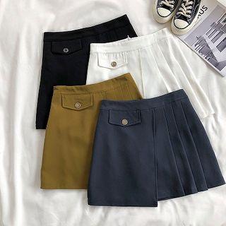 Mock Pocket High-waist Pleated A-line Skirt