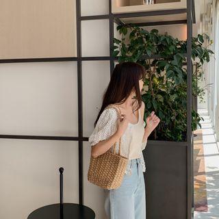 Puff-sleeve Crochet Cardigan Ivory - One Size