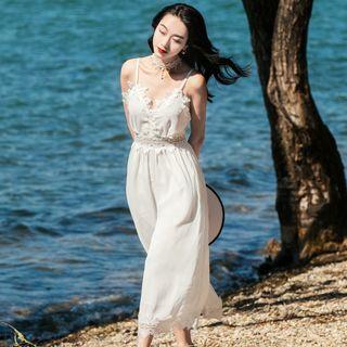Lace Trim Strappy Midi A-line Dress