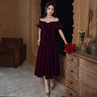 Short-sleeve Off-shoulder Velvet Evening Dress