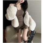Halter-neck Zip-up Mini Bodycon Dress / Fluffy Jacket
