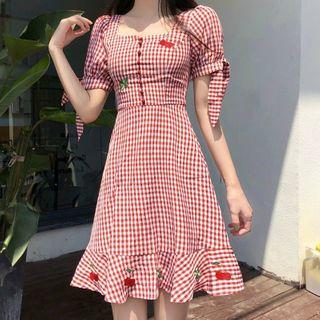 Square Neck Fruit Print Plaid A-line Dress