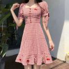 Square Neck Fruit Print Plaid A-line Dress