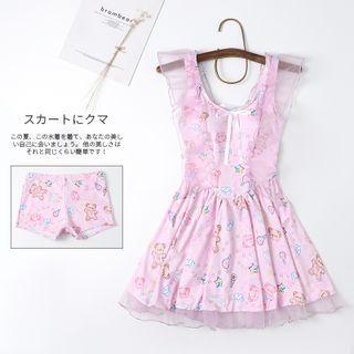 Set: Sleeveless Bear Print Swim Dress + Shorts