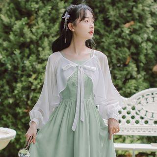 Spaghetti-strap Midi A-line Dress / Tie-front Cropped Jacket