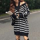 Cold Shoulder Striped Long-sleeve Knit Dress Black & White - One Size