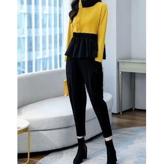 Set: Two-tone Ruffle Hem Blouse + Cropped Harem Pants