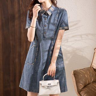 Plaid Collar Denim Mini A-line Dress