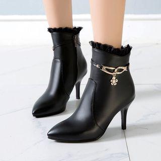 Frill Trim Pointed Stiletto Heel Short Boots