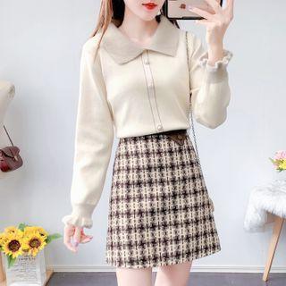 Peter Pan-collar Knit Top / High-waist Plaid Skirt