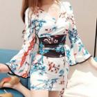 Printed Bell-sleeve Mini Bodycon Dress