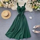 Strap Square-neck Plain Midi A-line Dress