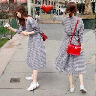 3/4-sleeve Checked A-line Dress
