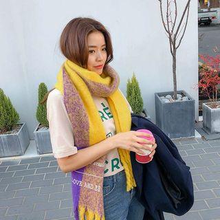 Lettered Fringed Color-block Knit Scarf