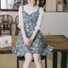Set: Lace 3/4-sleeve Top + Floral Chiffon Dress