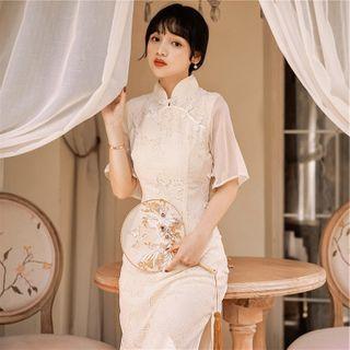 Elbow-sleeve Mandarin Collar Midi Sheath Dress