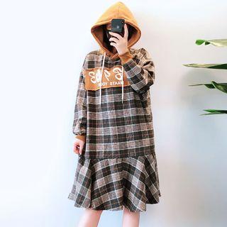 Ruffle Hem Plaid Hoodie Dress