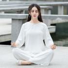 Set: Crew-neck 3/4-sleeve Top + Plain Wide-leg Pants
