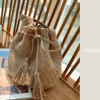 Tasseled Straw Bucket Bag Beige - One Size