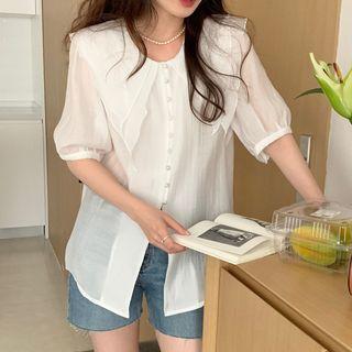 Short-sleeve Layered Collar Plain Blouse