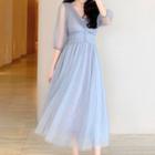 Buttoned 3/4-sleeve Midi A-line Dress