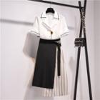 Set: Short-sleeve Shirt + Asymmetric Midi A-line Skirt