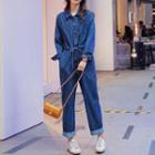 Long-sleeve Denim Cargo Jumpsuit