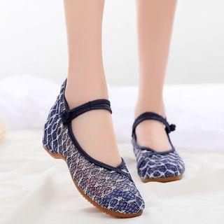 Mesh Frog-button Block Heel Mary Jane Pumps