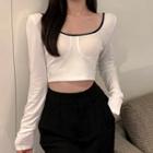 Long Sleeve Contrast Crop Top White - One Size