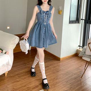Sleeveless Bow Denim Mini A-line Dress