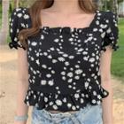 Floral Short-sleeve Chiffon Top Black - One Size