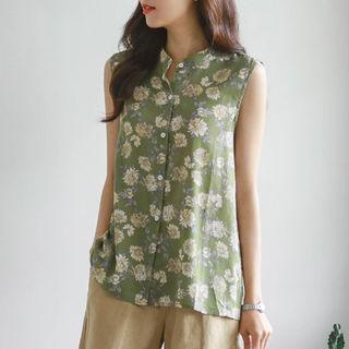 Mandarin-collar Sleeveless Floral Blouse