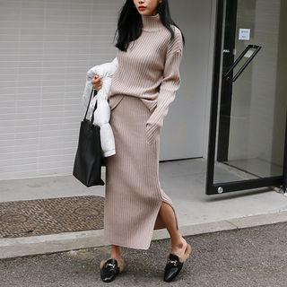 Set: Turtle-neck Ribbed Sweater + Slit Maxi Skirt