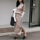 Set: Turtle-neck Ribbed Sweater + Slit Maxi Skirt