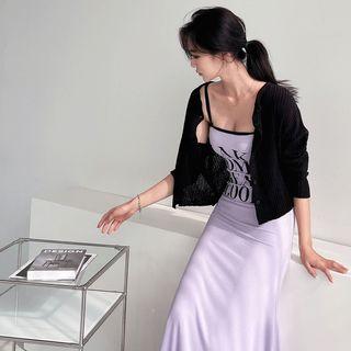 Spghetti-strap Letter Print Ribbed Dress