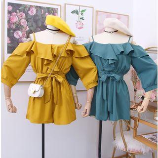 Off-shoulder Ruffled Playsuit With Sash