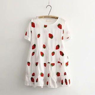 Strawberry Embroidered Short-sleeve Mini A-line Dress White - One Size