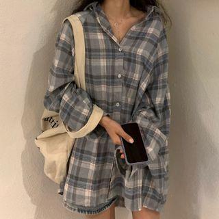 Plaid Long-sleeve Shirt Grayish Blue - One Size