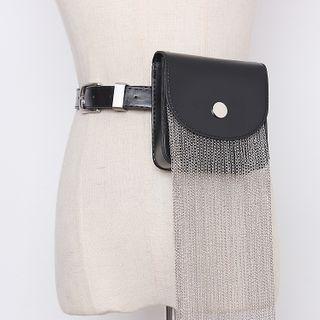 Chain Fringed Faux Leather Convertible Belt Bag Black - One Size