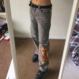 Dragon Embroidery Straight Leg Pants