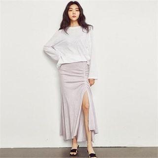 Shirred-trim Slit-front Maxi Skirt