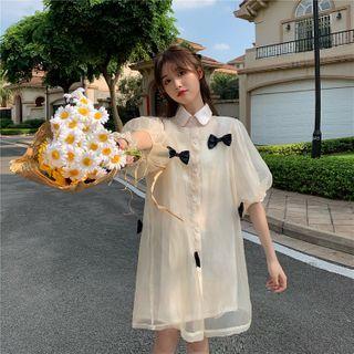 Puff-sleeve Bow Mesh Overlay Shirtdress / A-line Skirt