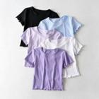 Short-sleeve Plain Lettuce Edge Cropped T-shirt