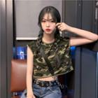 Cap Sleeve Camo Print Cropped Top Camouflage - One Size