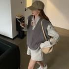 Set: Striped Loose Shirt + Shorts / Loose-fit Knit Vest
