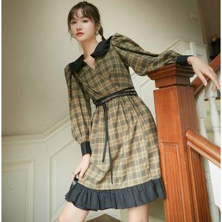 Long-sleeve Ruffled Plaid Mini A-line Dress
