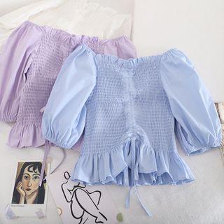 Ruched Front Ruffle Hem Off-shoulder Cropped Top